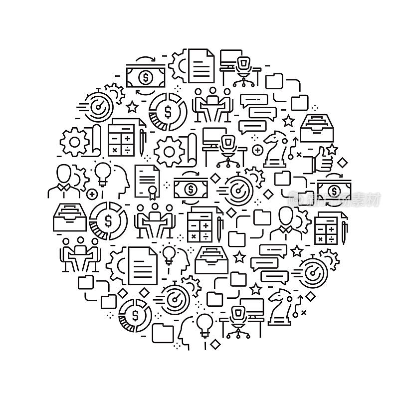 Project Planning Concept - Black and White Line Icons, Arranged in Circle